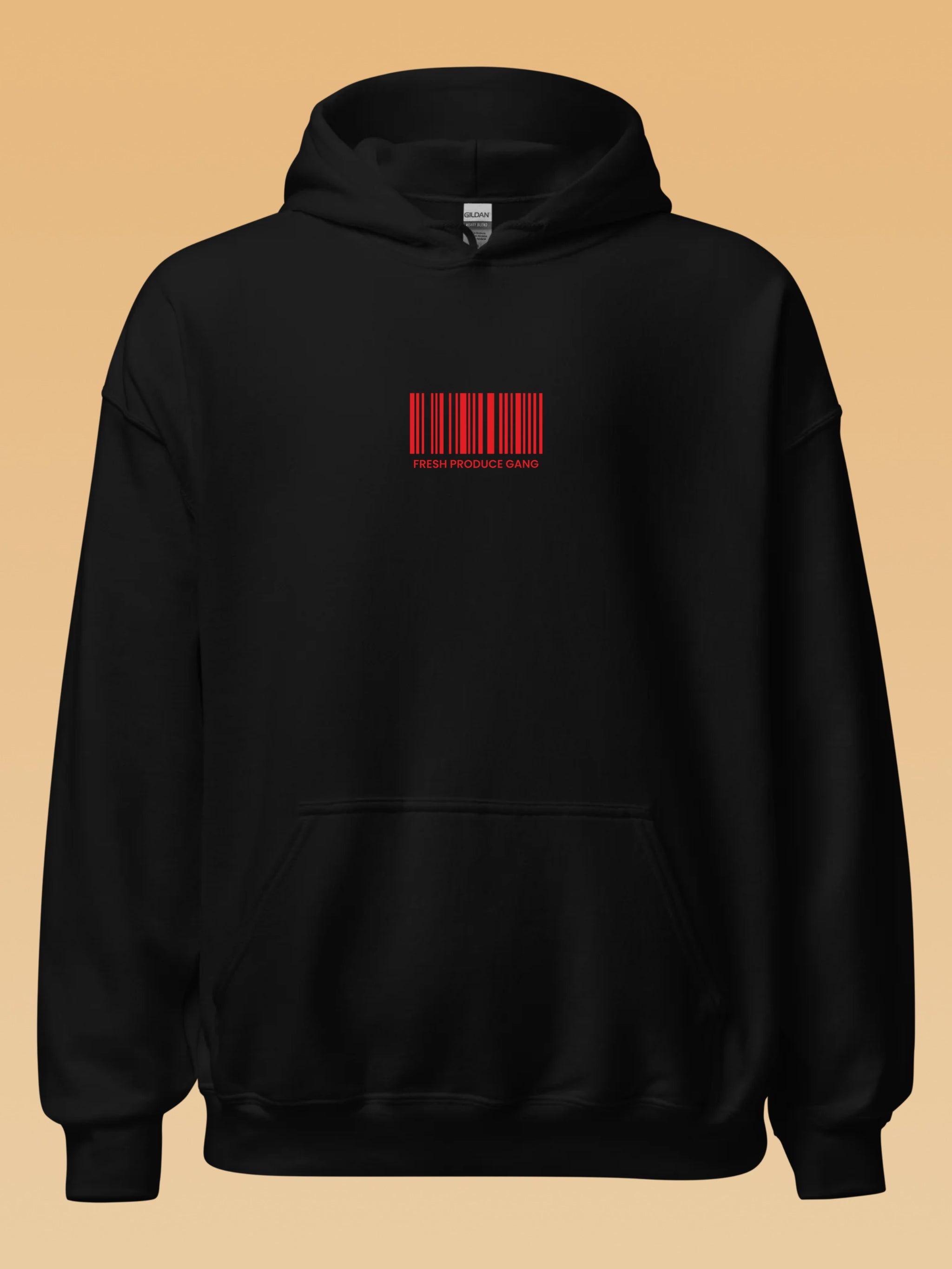 Black pullover hoodie with small Red logo